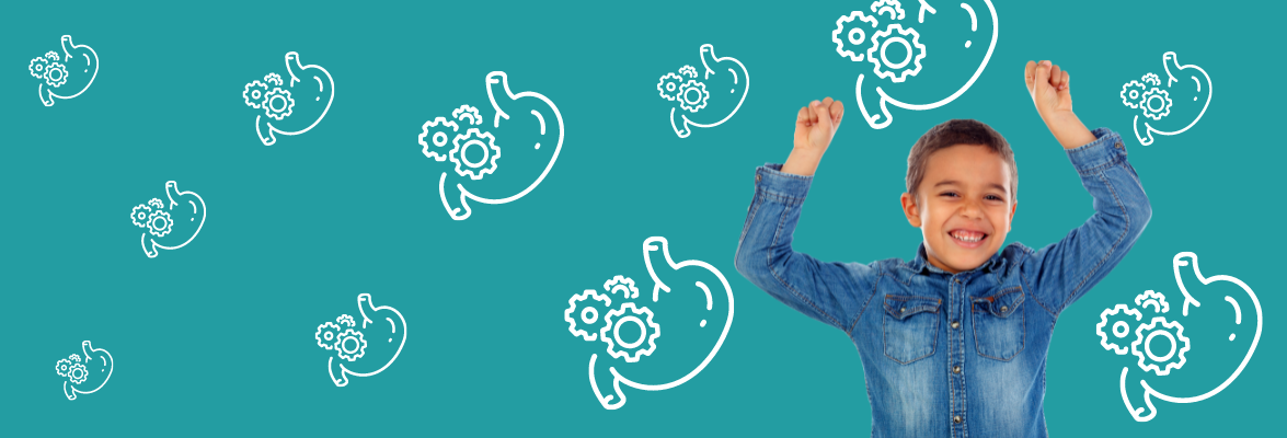 Smiling child with arms raised, celebrating healthy digestion with illustrated stomachs and gears symbolizing the benefits of probiotics for gut health.