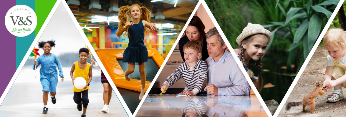 children participating in various activities from trampoline to exploring the park.