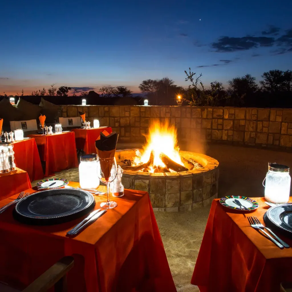 Naledi Fire Side Dinner setting at sunset