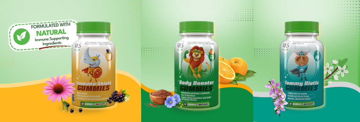 Vie&Sante Immune Trio gummies for kids featuring Immuno-Shield, Body Booster and TummyBiotic for immune and gut health support